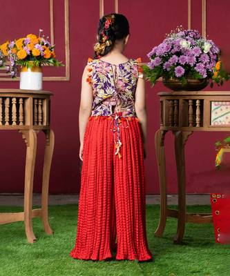 Vibrant embroidered kurti with tassels and red mirror work sharara pants 3