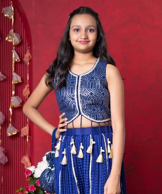 Royal Blue Silk Sequin Embroidered Kids' Sharara Set 2