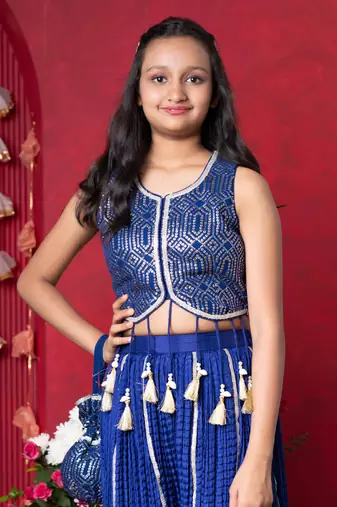 Royal Blue Silk Sequin Embroidered Kids' Sharara Set