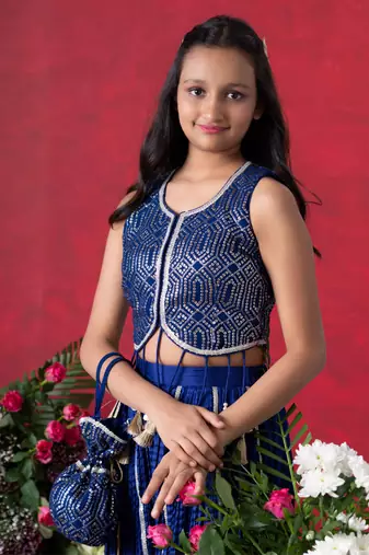 Royal Blue Silk Sequin Embroidered Kids' Sharara Set