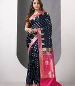 Navy blue katan silk blend banarasi saree with zari woven ethnic designs