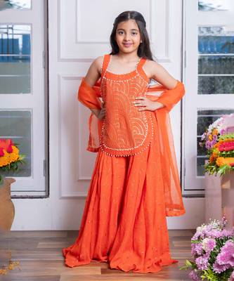 Vibrant orange mirror work sharara set with embroidered crop top and dupatta 1