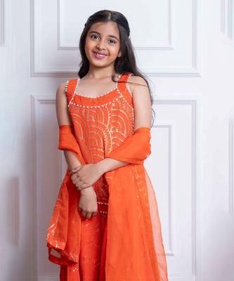 Vibrant orange mirror work sharara set with embroidered crop top and dupatta 2
