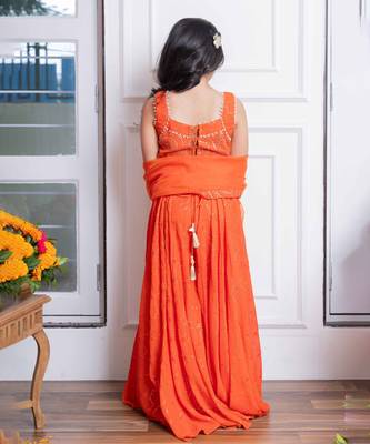 Vibrant orange mirror work sharara set with embroidered crop top and dupatta 3
