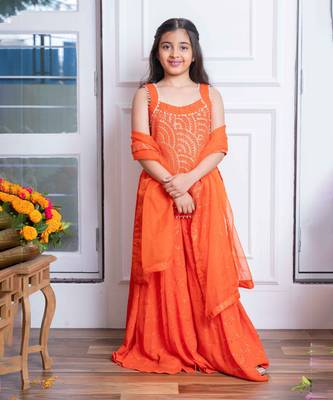 Vibrant orange mirror work sharara set with embroidered crop top and dupatta 4