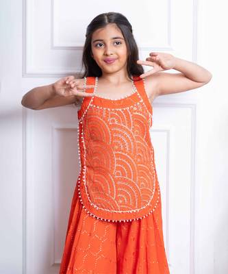 Vibrant orange mirror work sharara set with embroidered crop top and dupatta 5