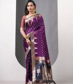 Purple katan silk blend banarasi saree with zari woven ethnic designs