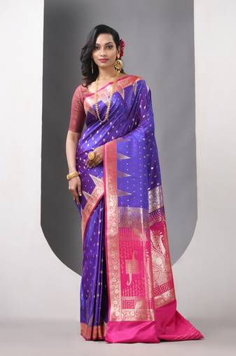 Blue and pink duel tone katan silk blend banarasi saree with zari woven ethnic designs
