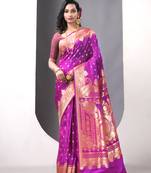 Pink katan silk blend banarasi saree with zari woven ethnic designs