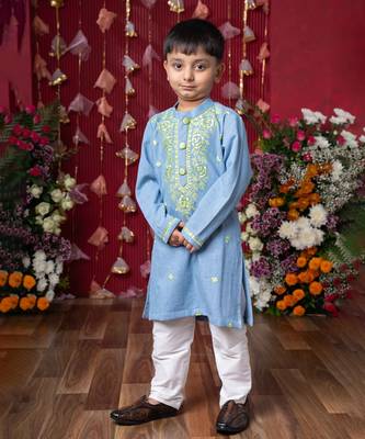 Stylish light blue soft denim kurta with lime green embroidery and white pants 1