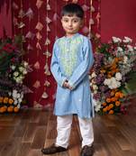 Stylish light blue soft denim kurta with lime green embroidery and white pants