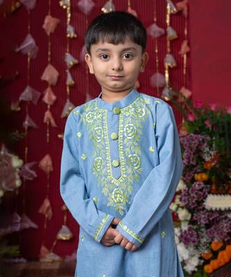 Stylish light blue soft denim kurta with lime green embroidery and white pants 2
