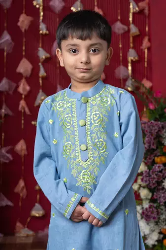 Stylish light blue soft denim kurta with lime green embroidery and white pants