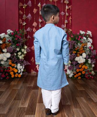 Stylish light blue soft denim kurta with lime green embroidery and white pants 3