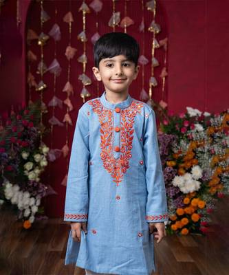 Stylish sky blue soft denim kurta with vibrant embroidery and white pants 2