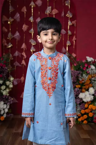 Stylish sky blue soft denim kurta with vibrant embroidery and white pants