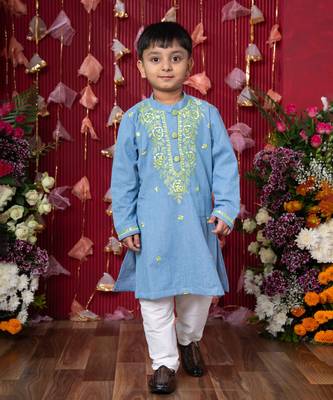Stylish light blue soft denim kurta with lime green embroidery and white pants 4