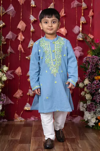 Stylish light blue soft denim kurta with lime green embroidery and white pants