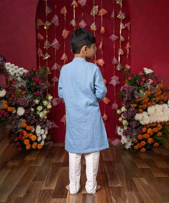 Stylish sky blue soft denim kurta with vibrant embroidery and white pants 3