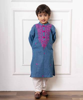Charming blue soft denim kurta with vibrant pink embroidery and white pants 1
