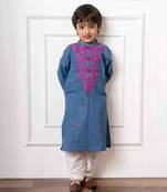 Charming blue soft denim kurta with vibrant pink embroidery and white pants