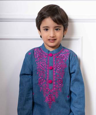 Charming blue soft denim kurta with vibrant pink embroidery and white pants 2
