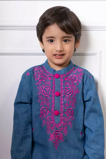 Charming blue soft denim kurta with vibrant pink embroidery and white pants