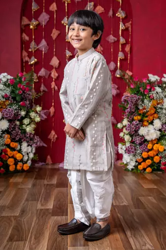 Graceful grey embroidered kurta set for boys