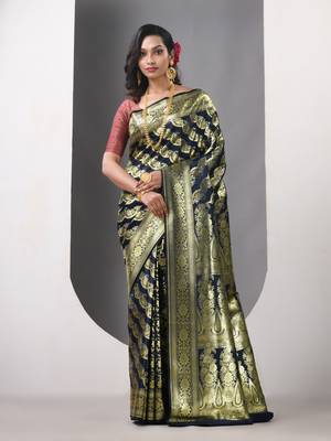 Navy blue katan silk blend banarasi saree with zari woven ethnic designs 1