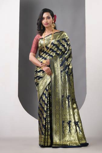 Navy blue katan silk blend banarasi saree with zari woven ethnic designs