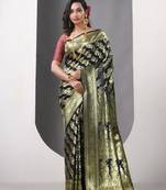 Navy blue katan silk blend banarasi saree with zari woven ethnic designs