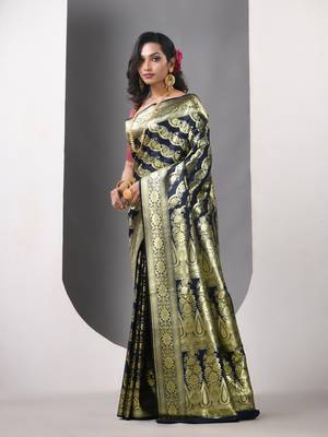 Navy blue katan silk blend banarasi saree with zari woven ethnic designs 2