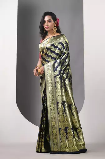 Navy blue katan silk blend banarasi saree with zari woven ethnic designs