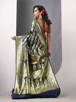 Navy blue katan silk blend banarasi saree with zari woven ethnic designs 3