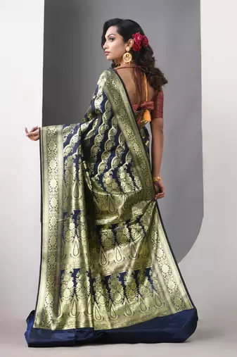 Navy blue katan silk blend banarasi saree with zari woven ethnic designs
