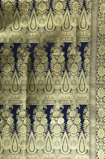 Navy blue katan silk blend banarasi saree with zari woven ethnic designs