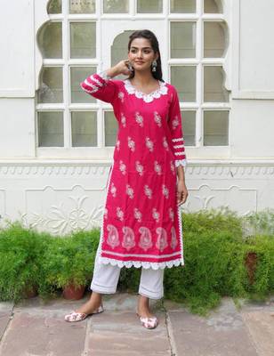 Pink printed cotton aline  kurta with pant set 1