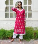 Pink printed cotton aline  kurta with pant set