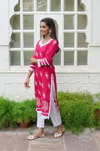 Pink printed cotton aline  kurta with pant set