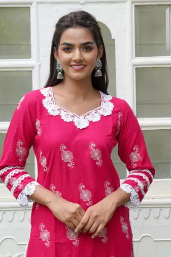 Pink printed cotton aline  kurta with pant set