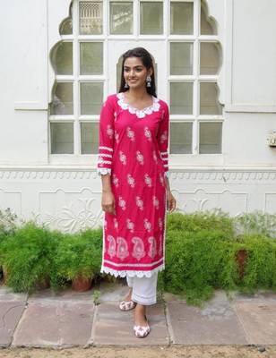 Pink printed cotton aline  kurta with pant set 4