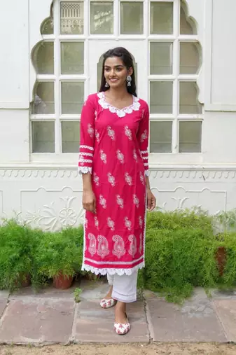 Pink printed cotton aline  kurta with pant set