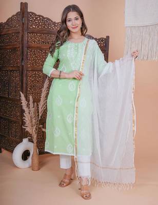 Light green embroidery kurta with pant and dupatta set 4