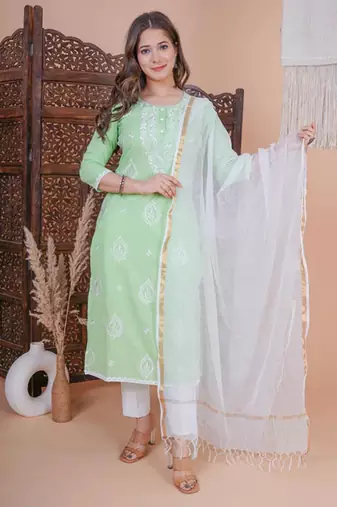 Light green embroidery kurta with pant and dupatta set