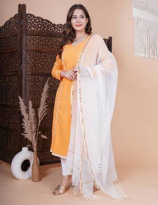 Orange solid kurta pant with dupatta set 1