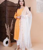 Orange solid kurta pant with dupatta set