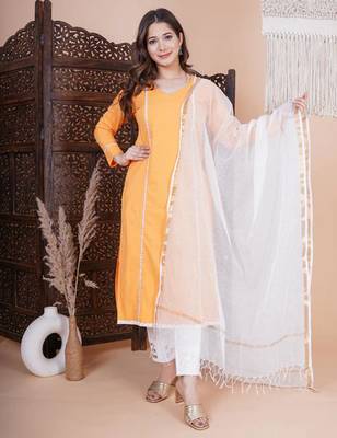 Orange solid kurta pant with dupatta set 3