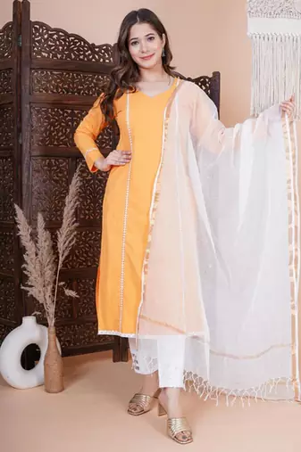 Orange solid kurta pant with dupatta set