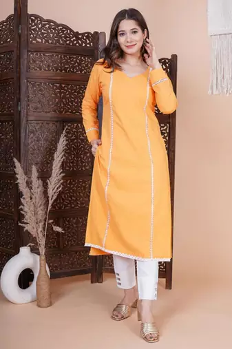 Orange solid kurta pant with dupatta set