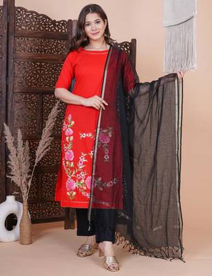Red printed aline kurta with pant and dupatta set 1